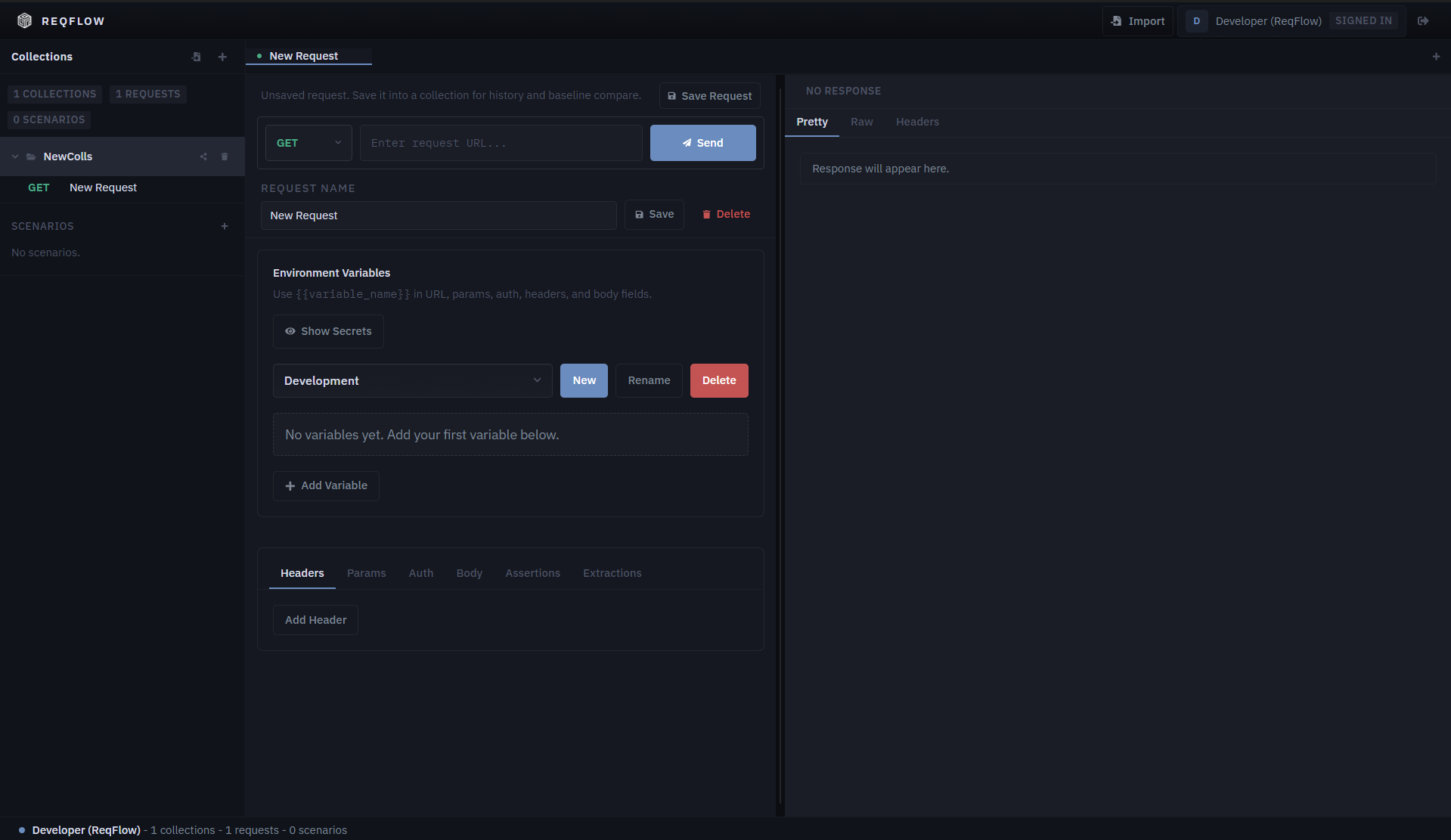 ReqFlow workspace — three-panel layout with collections sidebar, request editor, and response viewer